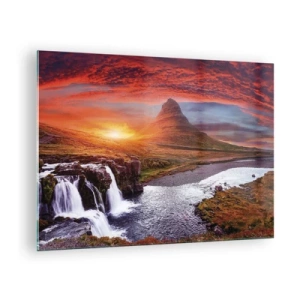 Quadro su vetro - Paesaggio montano con cascata e tramonto - 70x50cm - Paesaggio della Terra di Mezzo - Decorazione murale moderna per soggiorno e camera da letto ARTTOR