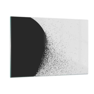 Quadro su vetro - Astrazione di una massa nera che cade a pezzi su uno sfondo bianco - 120x80cm - Il movimento delle particelle - Decorazione murale moderna per soggiorno e camera da letto ARTTOR
