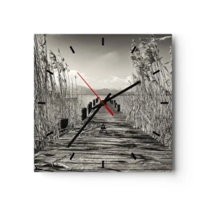 Orologio da parete - Orologio in Vetro - Un molo di legno tra l'erba alta sopra un lago color seppia - 30x30cm - Nel silenzio dell'erba - Decorazione murale moderna per soggiorno e camera da letto ARTTOR