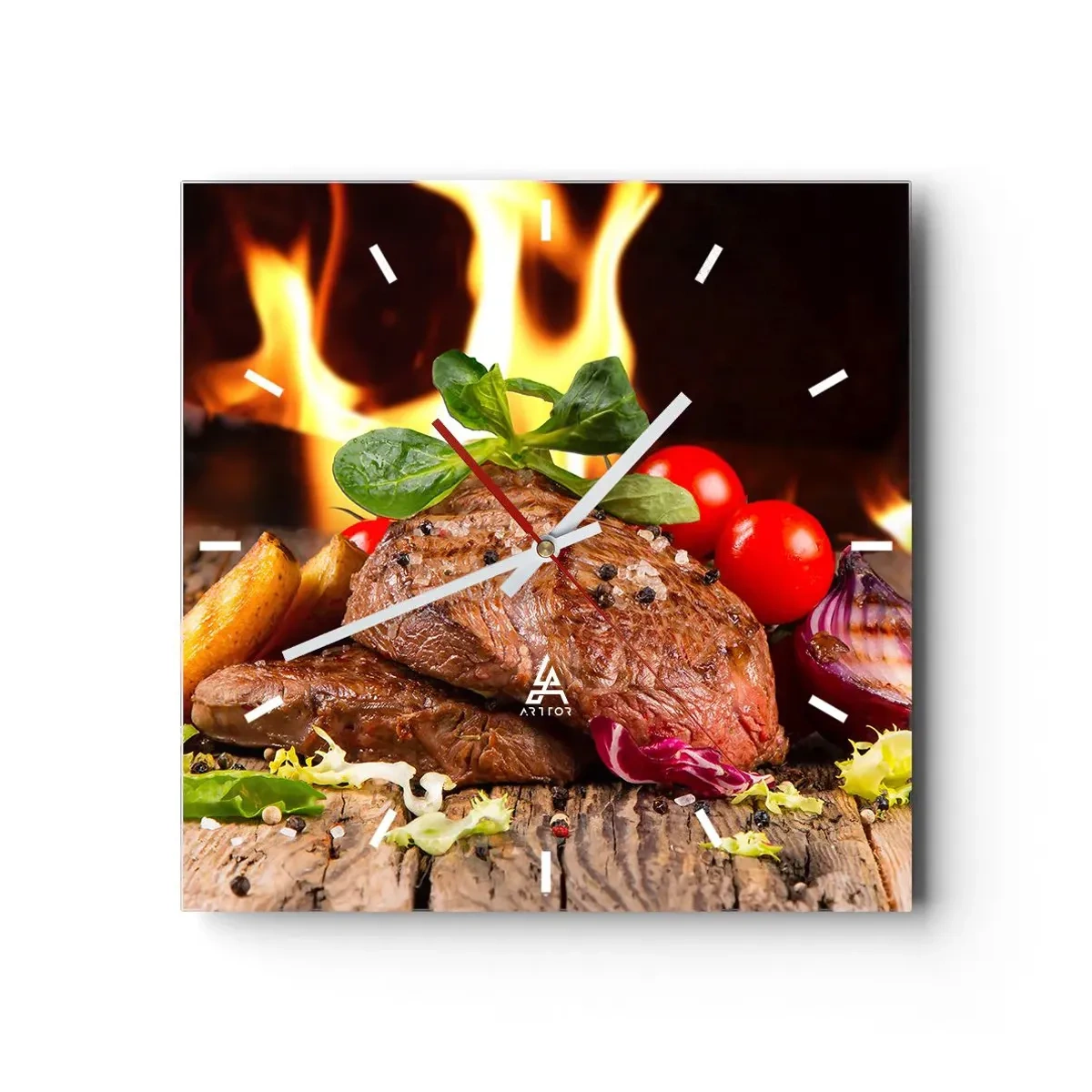 Orologio da parete - Orologio in Vetro - Bistecca alla griglia con contorni sullo sfondo delle fiamme - 30x30cm - Incantate dal fuoco - Decorazione murale moderna per soggiorno e camera da letto ARTTOR