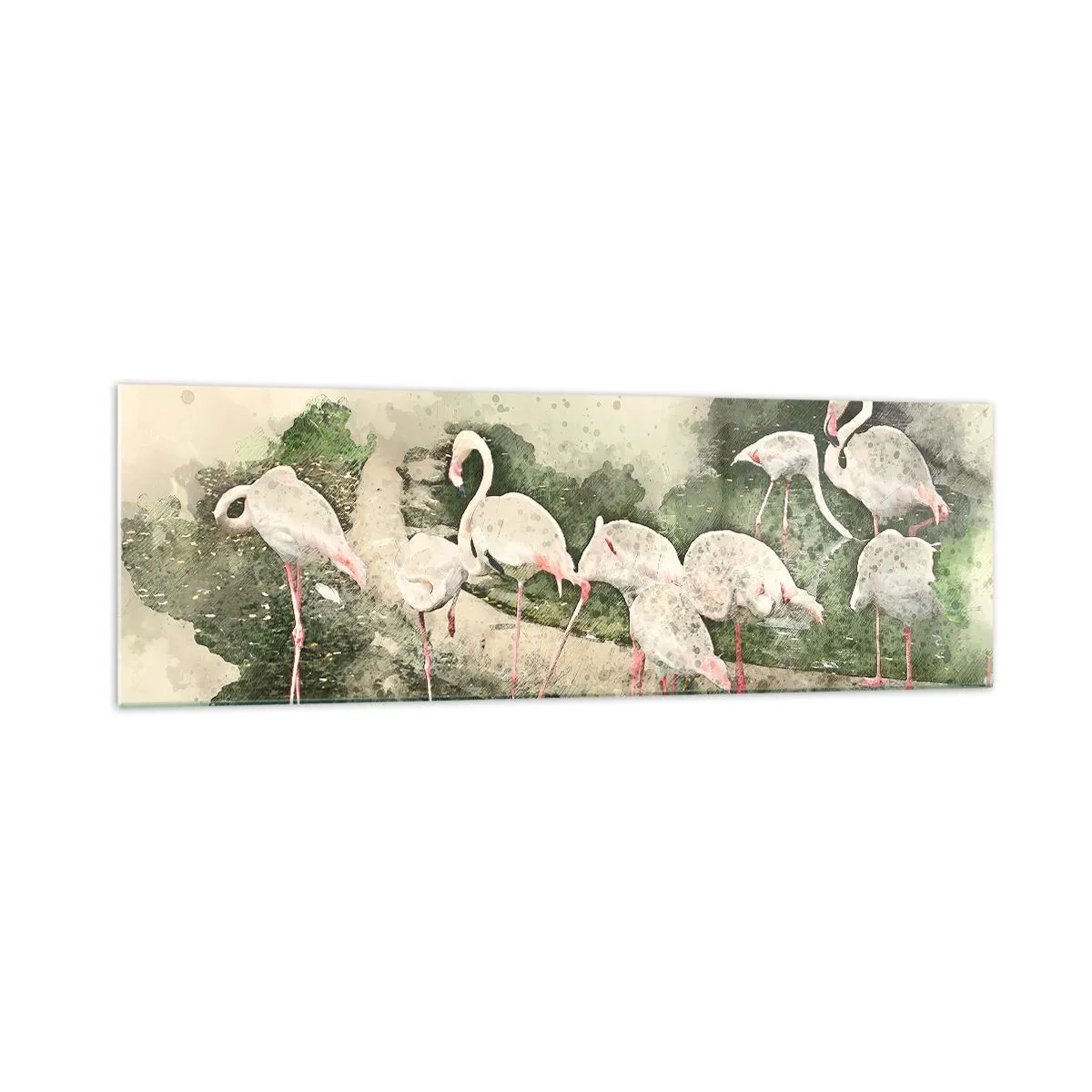 Quadro su vetro - Fenicotteri nel loro ambiente naturale in stile acquerello - 160x50cm - Sogno esotico - Decorazione murale moderna per soggiorno e camera da letto ARTTOR