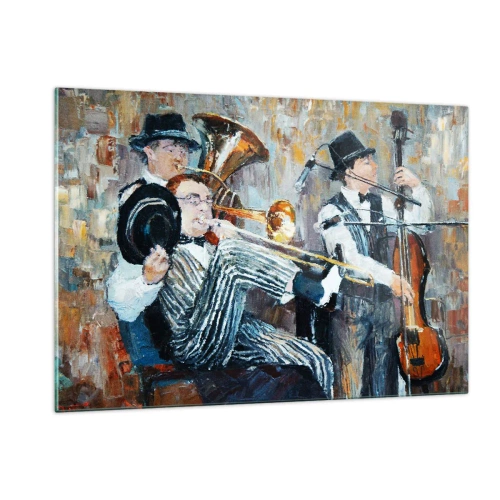 Quadro su vetro - Una jazz band in una scena impressionista e suggestiva - 120x80cm - Tutto il jazz - Decorazione murale moderna per soggiorno e camera da letto ARTTOR