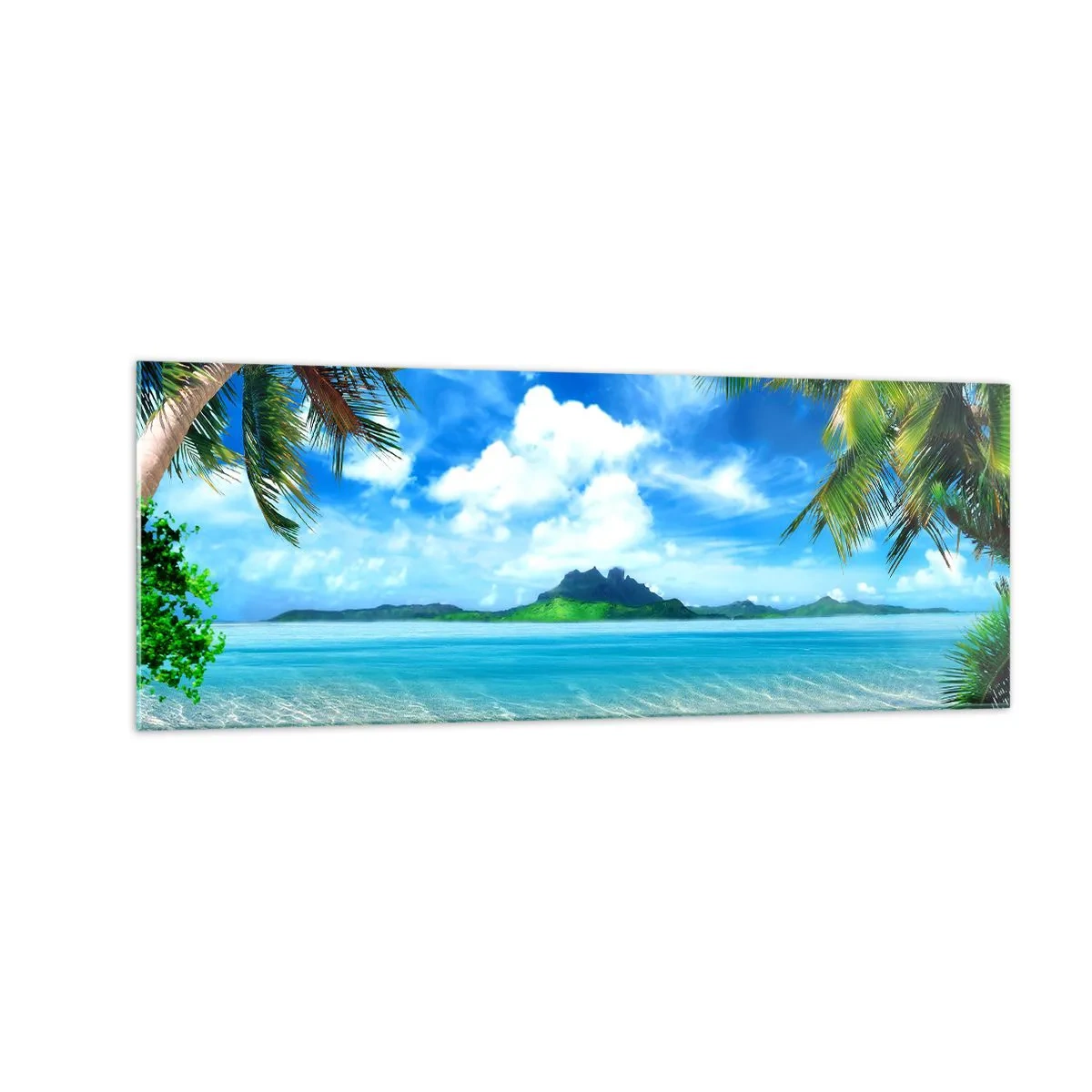 Quadro su vetro - Spiaggia tropicale con palme e vista sull'isola - 140x50cm - L'azzurro dei tropici - Decorazione murale moderna per soggiorno e camera da letto ARTTOR