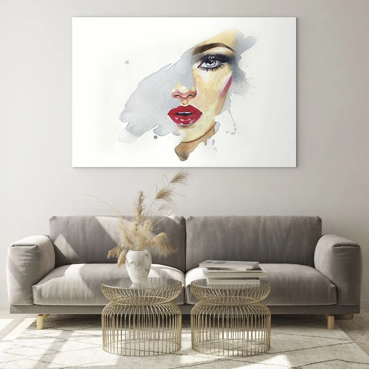 Quadro su vetro - Ritratto ad acquerello di una donna con labbra rosse - 70x50cm - Riflesso in una goccia d'acqua - Decorazione murale moderna per soggiorno e camera da letto ARTTOR
