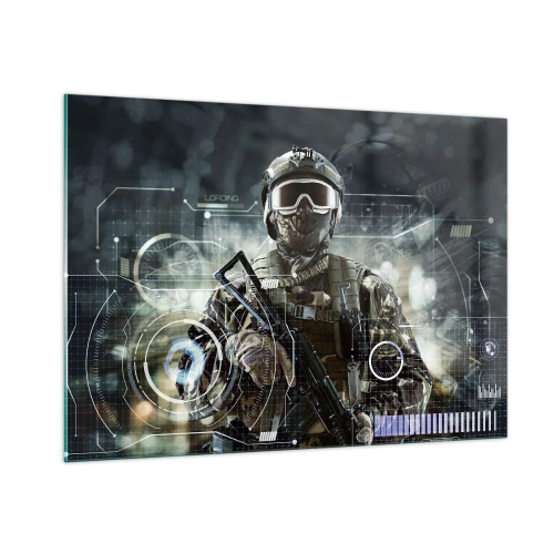 Quadro su vetro - Un soldato in equipaggiamento tattico sullo sfondo di un'interfaccia futuristica. - 100x70cm - Potenza al quadrato - Decorazione murale moderna per soggiorno e camera da letto ARTTOR