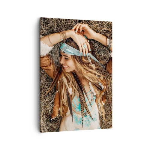 Quadro su tela - Stampe su Tela - Donna in stile boho sdraiata sul fieno - 50x70cm - Verso gli anni dell'amore - Decorazione murale moderna per soggiorno e camera da letto ARTTOR