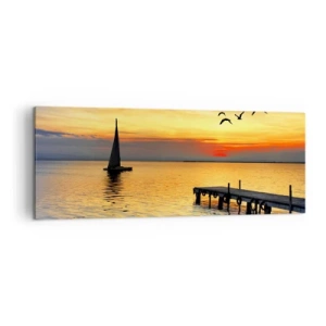 Quadro su tela - Stampe su Tela - Tramonto con barca a vela e molo su un lago calmo - 140x50cm - Il ritorno alla sera - Decorazione murale moderna per soggiorno e camera da letto ARTTOR