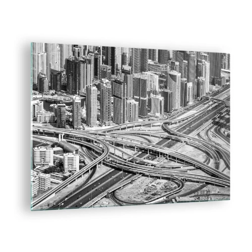 Quadro su vetro - Panorama in bianco e nero della città con uno svincolo autostradale - 70x50cm - Dubai - città impossibile - Decorazione murale moderna per soggiorno e camera da letto ARTTOR