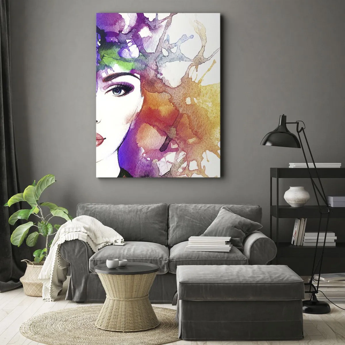 Quadro su tela - Stampe su Tela - Ritratto di una donna in colori acquerellati con macchie astratte - 50x70cm - Con la testa tra le nuvole - Decorazione murale moderna per soggiorno e camera da letto ARTTOR