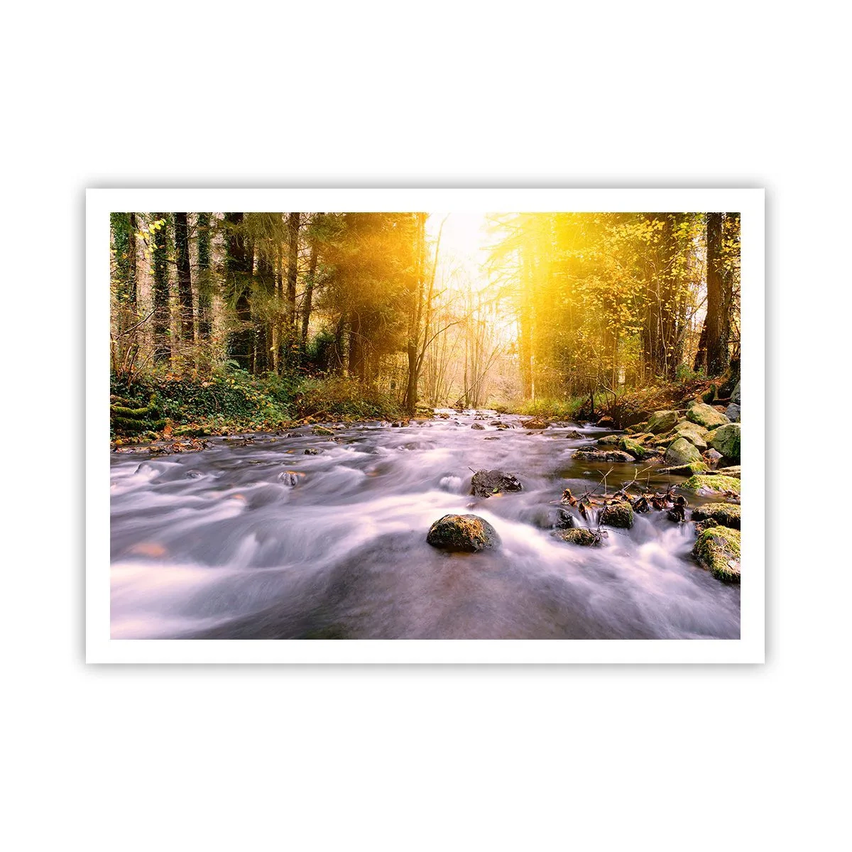 Poster - Un ruscello nella foresta illuminato dai raggi del sole - 100x70cm - Malachite in cornice oro-argento - Decorazione murale moderna per soggiorno e camera da letto ARTTOR