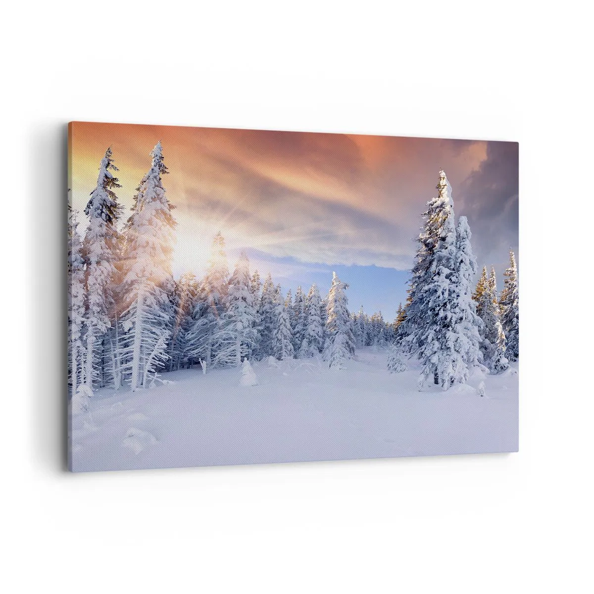 Quadro su tela - Stampe su Tela - Paesaggio invernale con foresta innevata al tramonto - 120x80cm - Spettacolo innevato della natura - Decorazione murale moderna per soggiorno e camera da letto ARTTOR