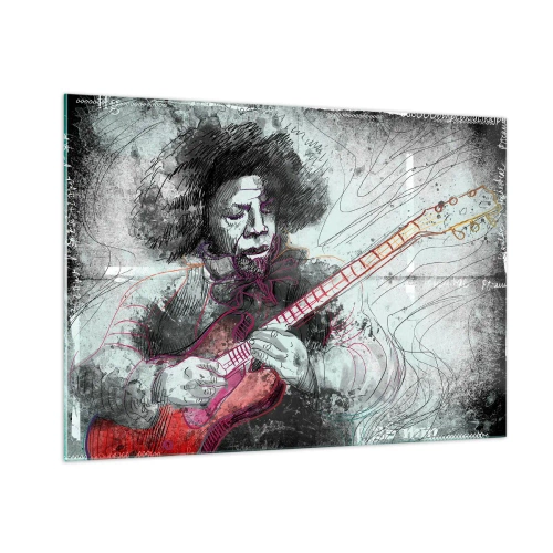 Quadro su vetro - Ritratto artistico di un musicista con una chitarra elettrica - 100x70cm - Sulle onde della musica - Decorazione murale moderna per soggiorno e camera da letto ARTTOR