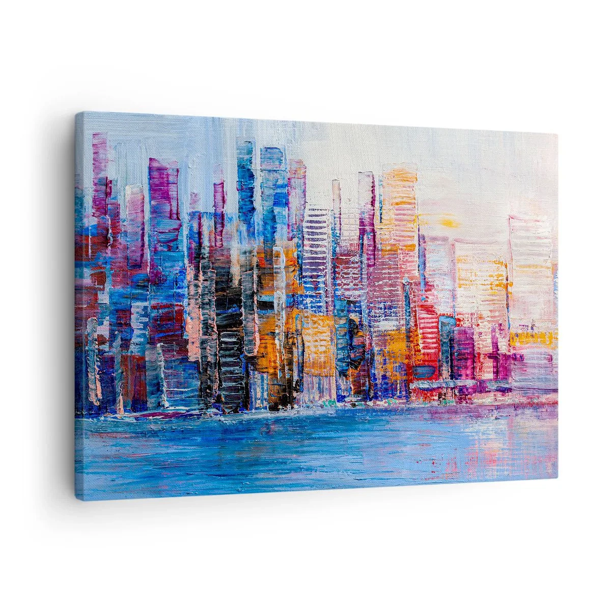 Quadro su tela - Stampe su Tela - Un panorama colorato della città con riflessi sull'acqua - 70x50cm - Metropoli gioiosa - Decorazione murale moderna per soggiorno e camera da letto ARTTOR