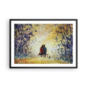 Poster in cornice nera - Una coppia seduta su una panchina tra gli alberi autunnali alla luce del sole - 70x50cm - Attimo magico - Decorazione murale moderna per soggiorno e camera da letto ARTTOR