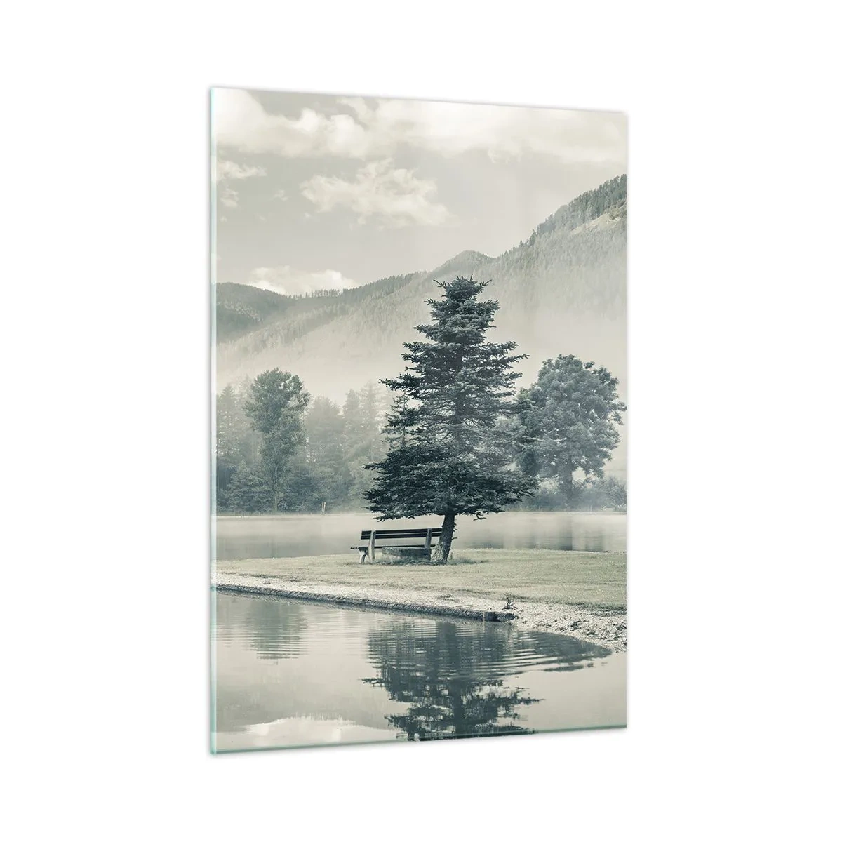 Quadro su vetro - Un lago calmo al mattino con una panchina e nebbia sull'acqua - 50x70cm - Il lago dorme ancora - Decorazione murale moderna per soggiorno e camera da letto ARTTOR