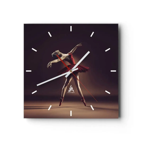 Orologio da parete - Orologio in Vetro - Una ballerina in abito rosso sullo sfondo di un palco - 30x30cm - Prima ballerina - Decorazione murale moderna per soggiorno e camera da letto ARTTOR