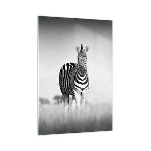 Quadro su vetro - Una coppia di zebre su uno sfondo di erba bianco e nero, ritratte nel loro habitat naturale. - 50x70cm - E tuttavia il mondo è bianco e nero - Decorazione murale moderna per soggiorno e camera da letto ARTTOR