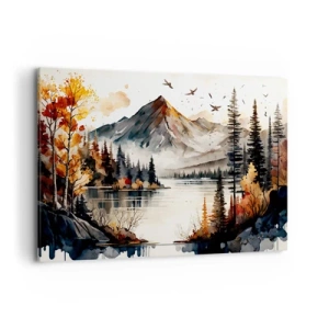 Quadro su tela - Stampe su Tela - Paesaggio montano autunnale con lago e alberi in acquerello - 100x70cm - L'autunno dorato sui monti - Decorazione murale moderna per soggiorno e camera da letto ARTTOR