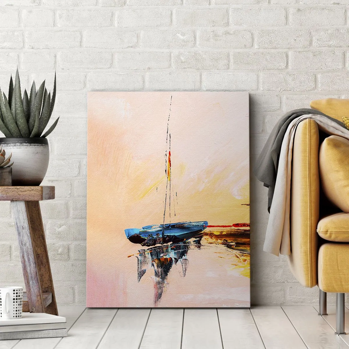 Quadro su tela - Stampe su Tela - Barche colorate sulle acque calme al tramonto - 50x70cm - La sera sul molo - Decorazione murale moderna per soggiorno e camera da letto ARTTOR