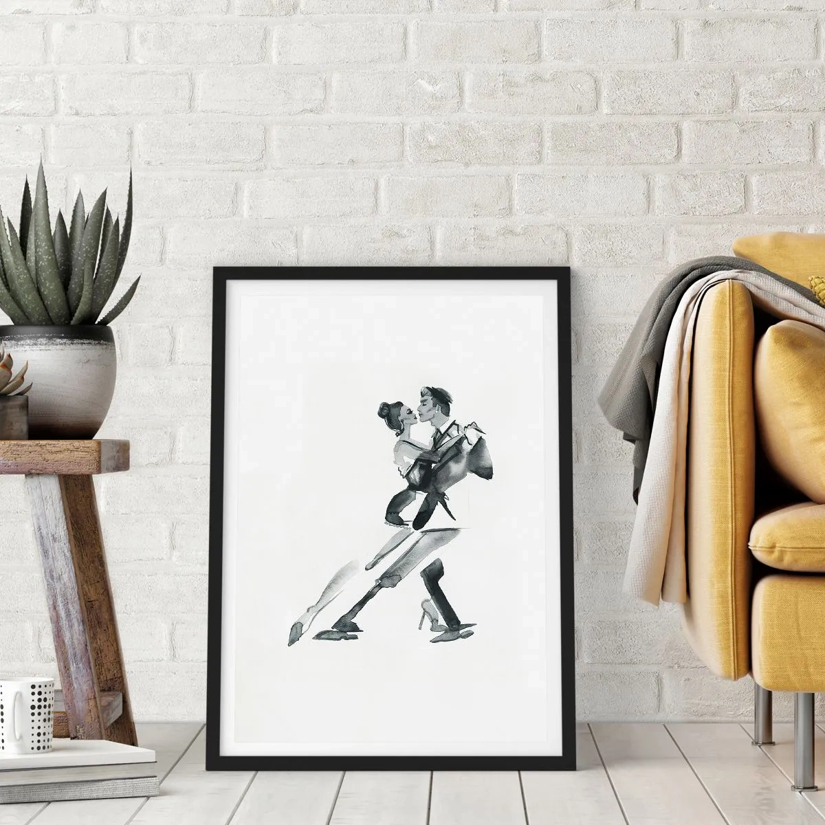 Poster in cornice nera - Dipinto ad acquerello in bianco e nero di una coppia che balla - 50x70cm - In un unico ritmo - Decorazione murale moderna per soggiorno e camera da letto ARTTOR