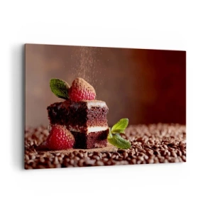 Quadro su tela - Stampe su Tela - Torta al cioccolato con lamponi e menta su uno sfondo di fave di cacao - 120x80cm - La vita è dolce - Decorazione murale moderna per soggiorno e camera da letto ARTTOR
