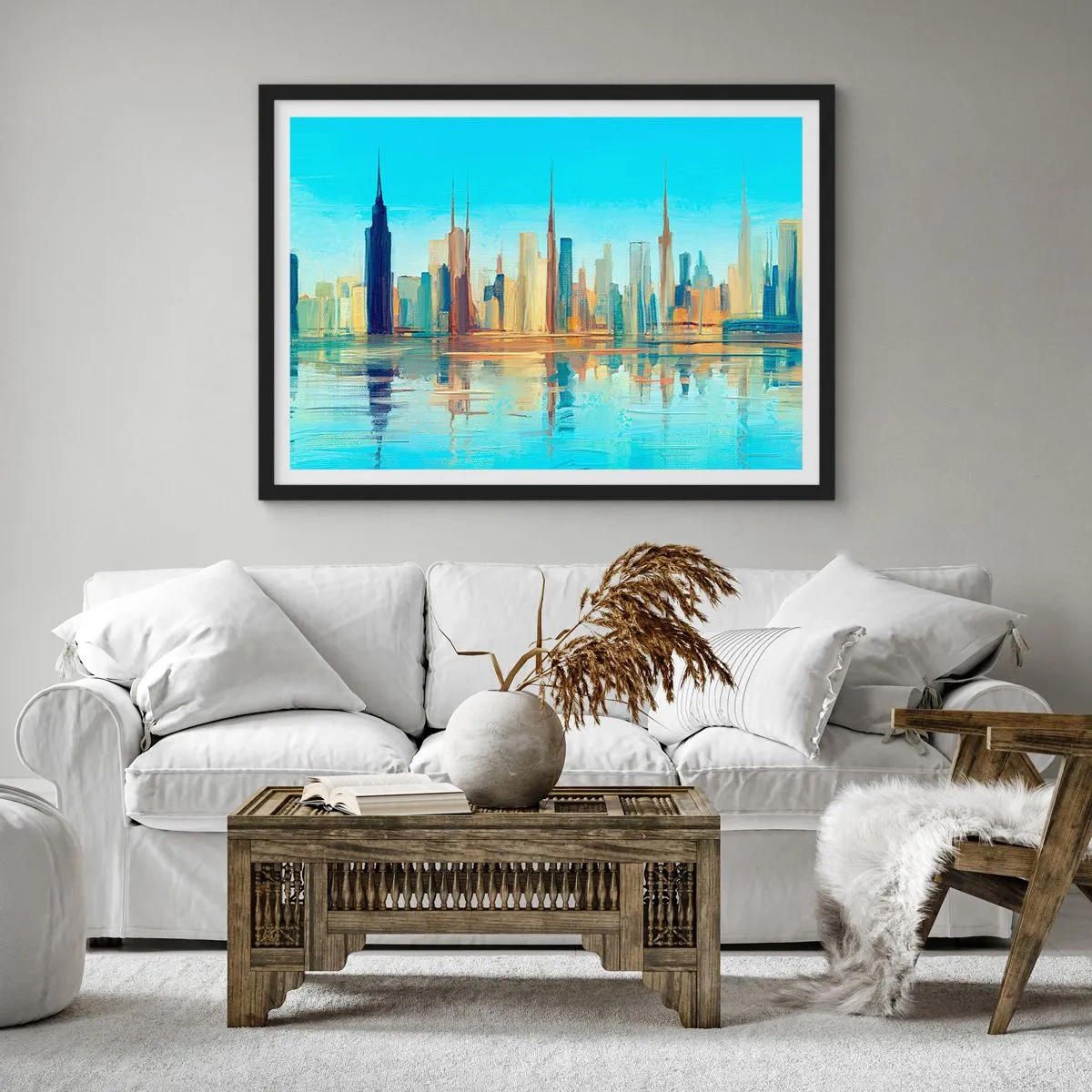 Poster in cornice nera - Un panorama della città dai colori caldi con riflessi nell'acqua - 70x50cm - Metropoli assolata - Decorazione murale moderna per soggiorno e camera da letto ARTTOR