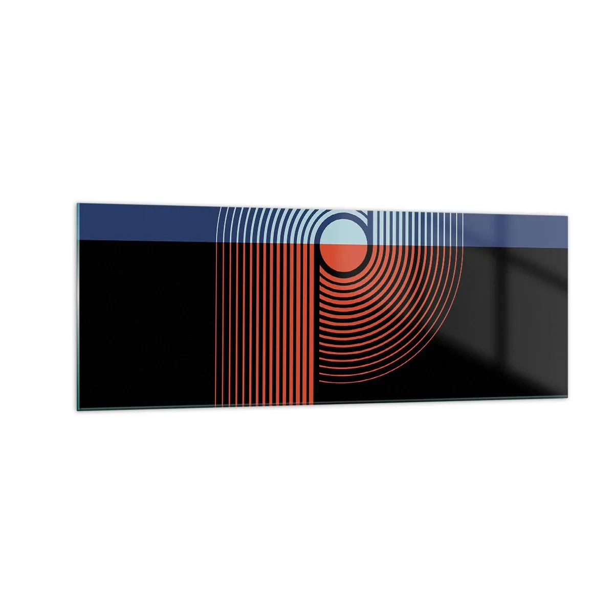 Quadro su vetro - Astrazione geometrica con linee blu navy e arancione. - 140x50cm - Nell'abbraccio geometrico - Decorazione murale moderna per soggiorno e camera da letto ARTTOR