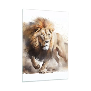 Quadro su vetro - Uno scatto dinamico in stile acquerello di un leone che corre - 50x70cm - Il re si è mosso - Decorazione murale moderna per soggiorno e camera da letto ARTTOR