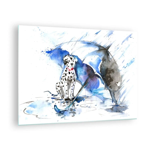 Quadro su vetro - Dalmata con un ombrello in un ambiente piovoso - 70x50cm - Ecco a cosa serve un amico - Decorazione murale moderna per soggiorno e camera da letto ARTTOR
