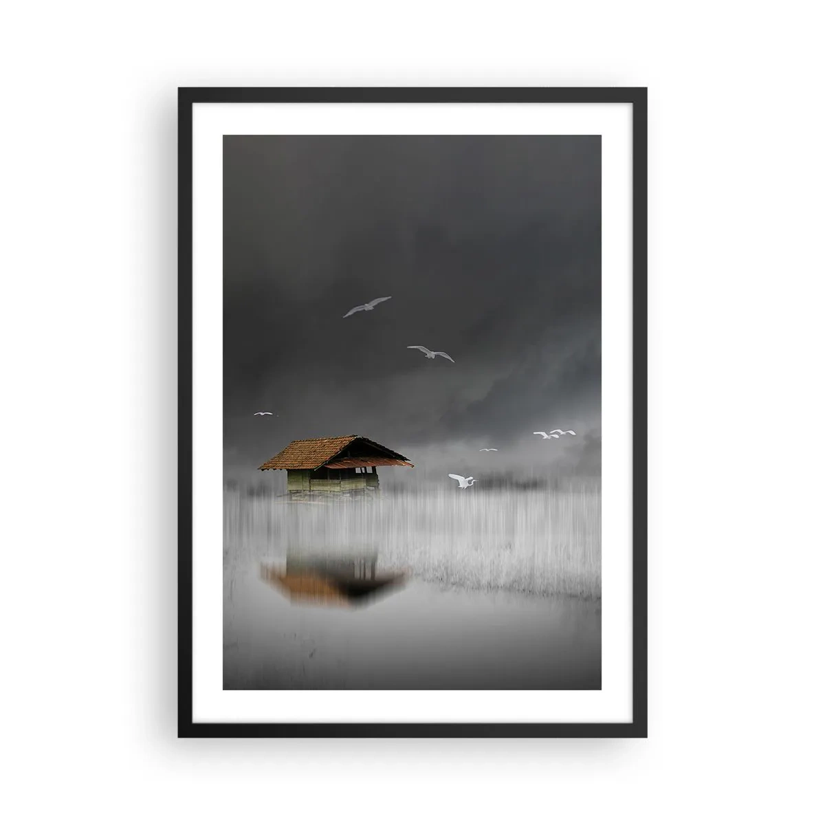 Poster in cornice nera - Una casa galleggiante circondata dalla nebbia con uccelli su uno sfondo scuro - 50x70cm - Riparo dalla pioggia - Decorazione murale moderna per soggiorno e camera da letto ARTTOR