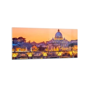 Quadro su vetro - Panorama del Vaticano al tramonto con un ponte sul fiume - 120x50cm - Tramonto sulla Città Eterna - Decorazione murale moderna per soggiorno e camera da letto ARTTOR