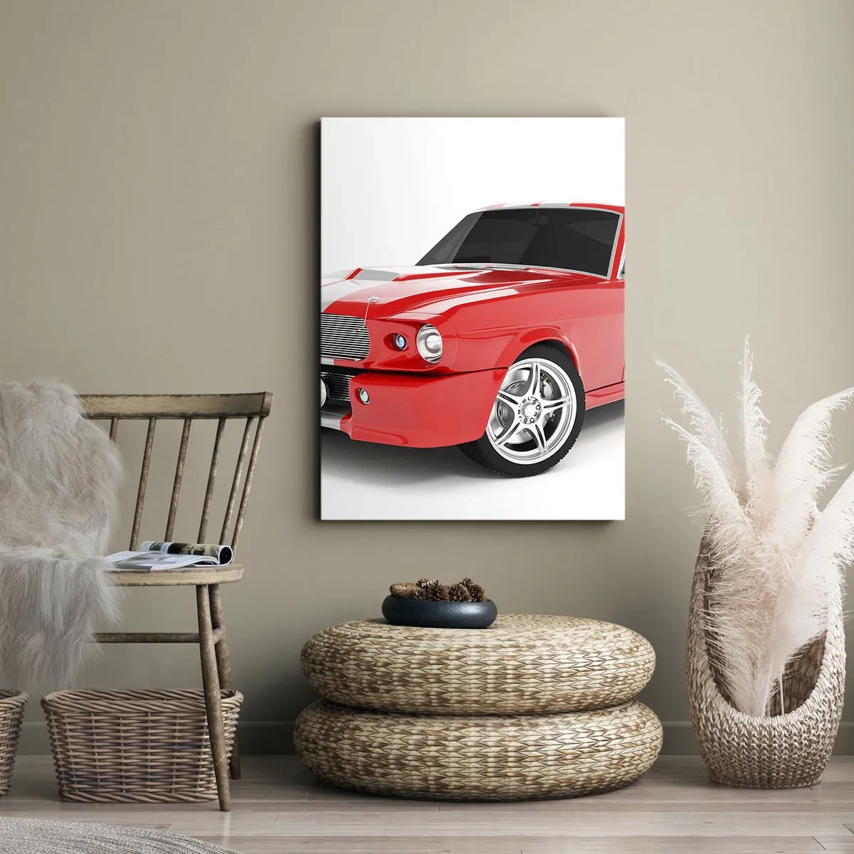 Quadro su tela - Stampe su Tela - Auto sportiva rossa con strisce bianche - 50x70cm - Mustang veloce come il vento - Decorazione murale moderna per soggiorno e camera da letto ARTTOR