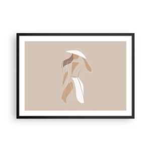 Poster in cornice nera - Un disegno minimalista di una donna con un cappello su uno sfondo beige. - 70x50cm - La moda è un gioco - Decorazione murale moderna per soggiorno e camera da letto ARTTOR