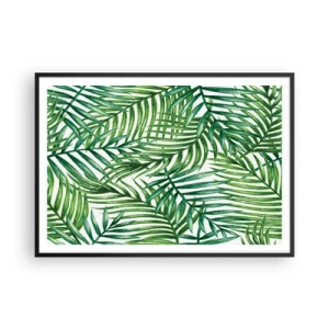 Poster in cornice nera - Foglie di palma tropicali verdi su sfondo chiaro - 100x70cm - Sotto un baldacchino verde - Decorazione murale moderna per soggiorno e camera da letto ARTTOR