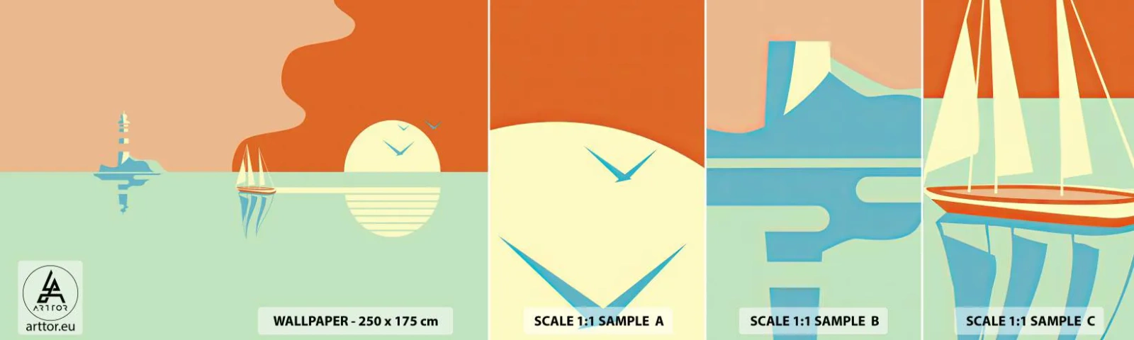 Campione di Fotomurale Adesivo Deluxe Sticker - Ideale paesaggio marittimo - Astrazione, Veliero, Lanterna - 100x30 cm