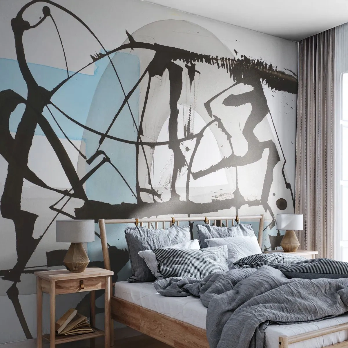 Fotomurali Standard Eco - Grafica astratta con nero e blu su sfondo chiaro - 100x70cm - Blu nonostante tutto - Decorazione murale moderna per soggiorno e camera da letto ARTTOR