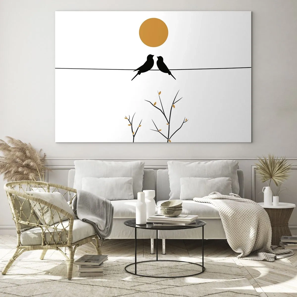 Quadro su vetro - Uccelli su una linea sotto un sole arancione - 100x70cm - Sera da usignoli - Decorazione murale moderna per soggiorno e camera da letto ARTTOR