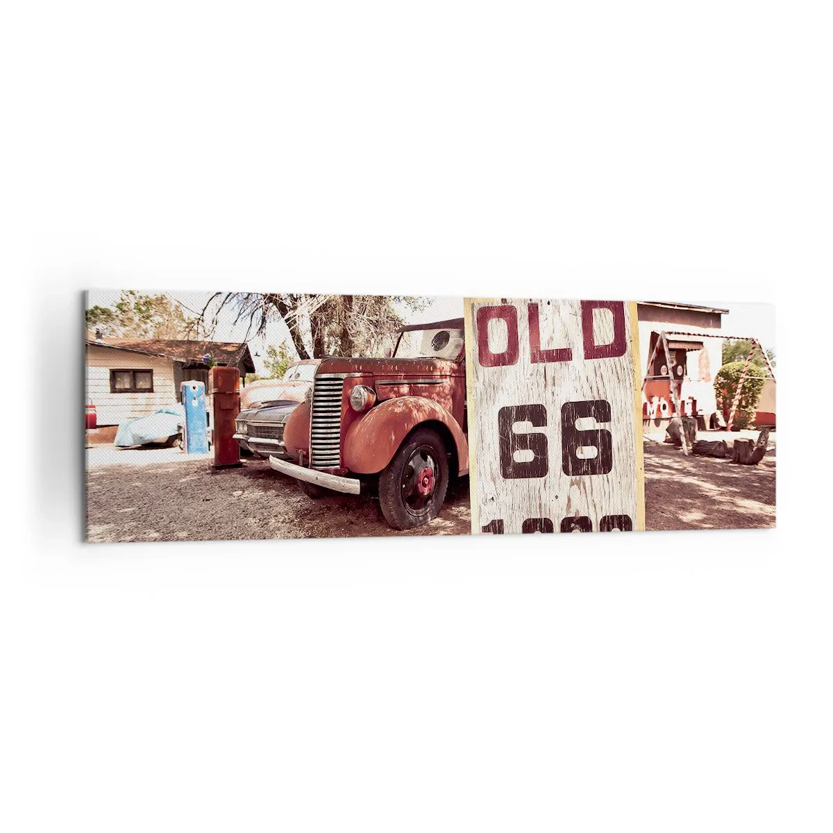 Quadro su tela - Stampe su Tela - Auto retrò e cartello della Route 66 in un ambiente rustico - 160x50cm - La leggenda della provincia americana - Decorazione murale moderna per soggiorno e camera da letto ARTTOR