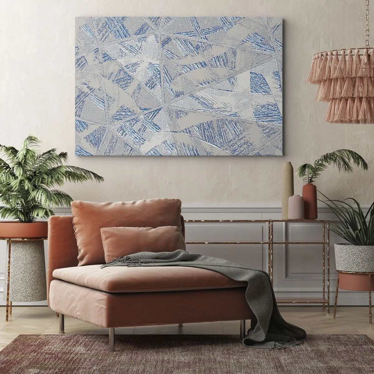 Quadro su tela - Stampe su Tela - Motivi geometrici nelle tonalità del blu e del grigio - 100x70cm - Nel labirinto grigioblu - Decorazione murale moderna per soggiorno e camera da letto ARTTOR