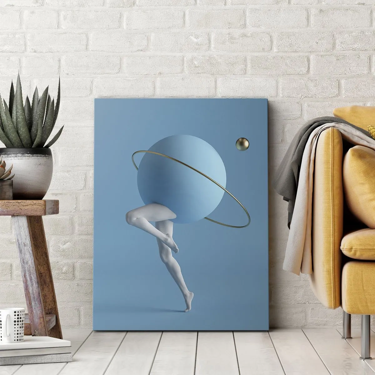 Quadro su tela - Stampe su Tela - Una sfera blu con un'orbita e gambe umane contro il cielo - 50x70cm - E i pianeti folleggiano - Decorazione murale moderna per soggiorno e camera da letto ARTTOR
