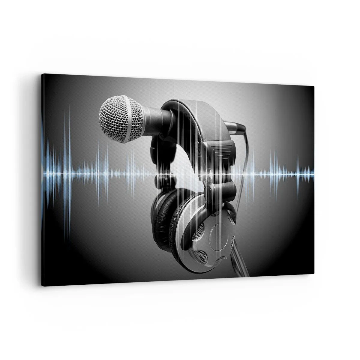 Quadro su tela - Stampe su Tela - Microfono e cuffie con visualizzazione delle onde sonore sullo sfondo - 120x80cm - Si sente ancora il canto - Decorazione murale moderna per soggiorno e camera da letto ARTTOR