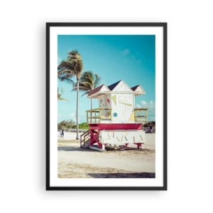 Poster in cornice nera - Un colorato bagnino su una spiaggia con palme e cielo azzurro - 50x70cm - Ti aspetta una bella giornata - Decorazione murale moderna per soggiorno e camera da letto ARTTOR