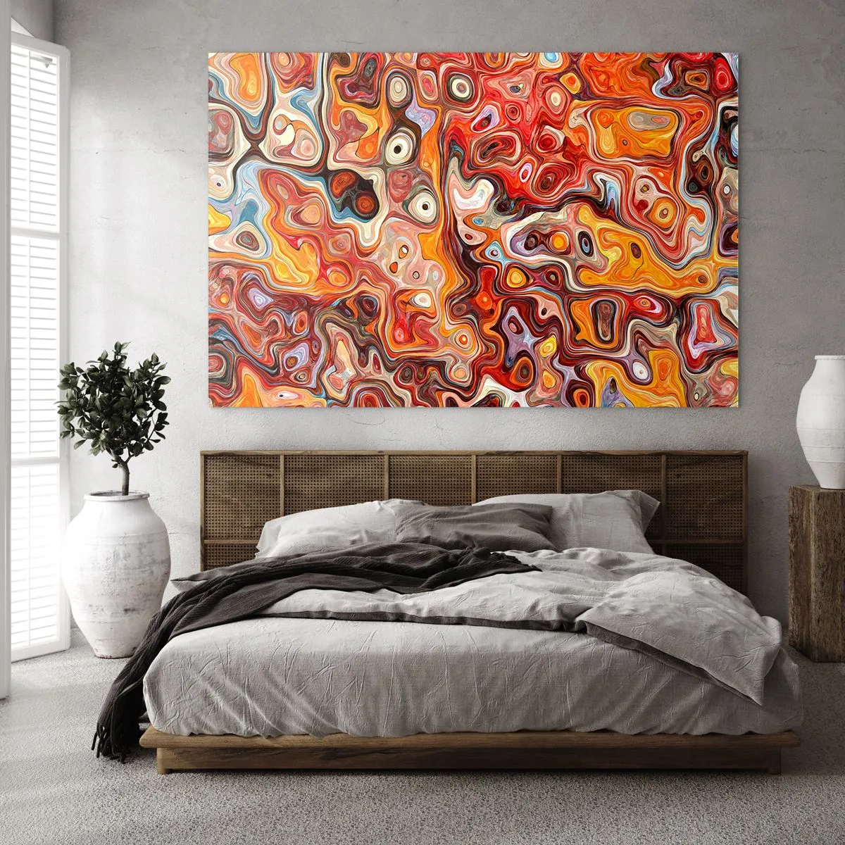 Quadro su vetro - Composizione astratta nei toni dell'arancione e del rosso - 70x50cm - Come se le noci si sciogliessero nel miele - Decorazione murale moderna per soggiorno e camera da letto ARTTOR
