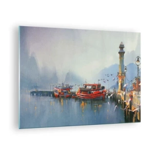 Quadro su vetro - Un porto con barche rosse, un faro e uccelli sullo sfondo delle montagne - 70x50cm - Alla fine del mondo - Decorazione murale moderna per soggiorno e camera da letto ARTTOR