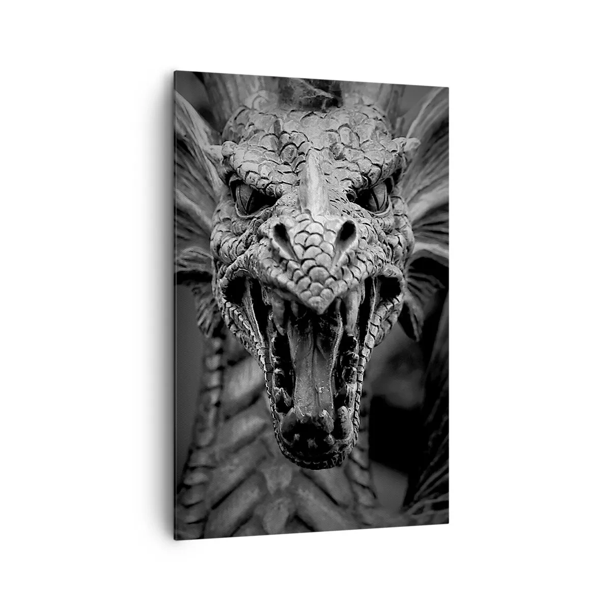 Quadro su tela - Stampe su Tela - Una minacciosa testa di drago in bianco e nero con dettagli espressivi. - 80x120cm - Drago favoloso in grigio - Decorazione murale moderna per soggiorno e camera da letto ARTTOR