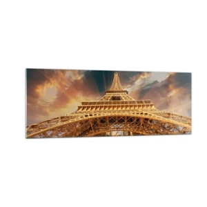 Quadro su vetro - La Torre Eiffel dal basso sullo sfondo del sole al tramonto - 140x50cm - Come gli uomini hanno raggiunto il cielo - Decorazione murale moderna per soggiorno e camera da letto ARTTOR