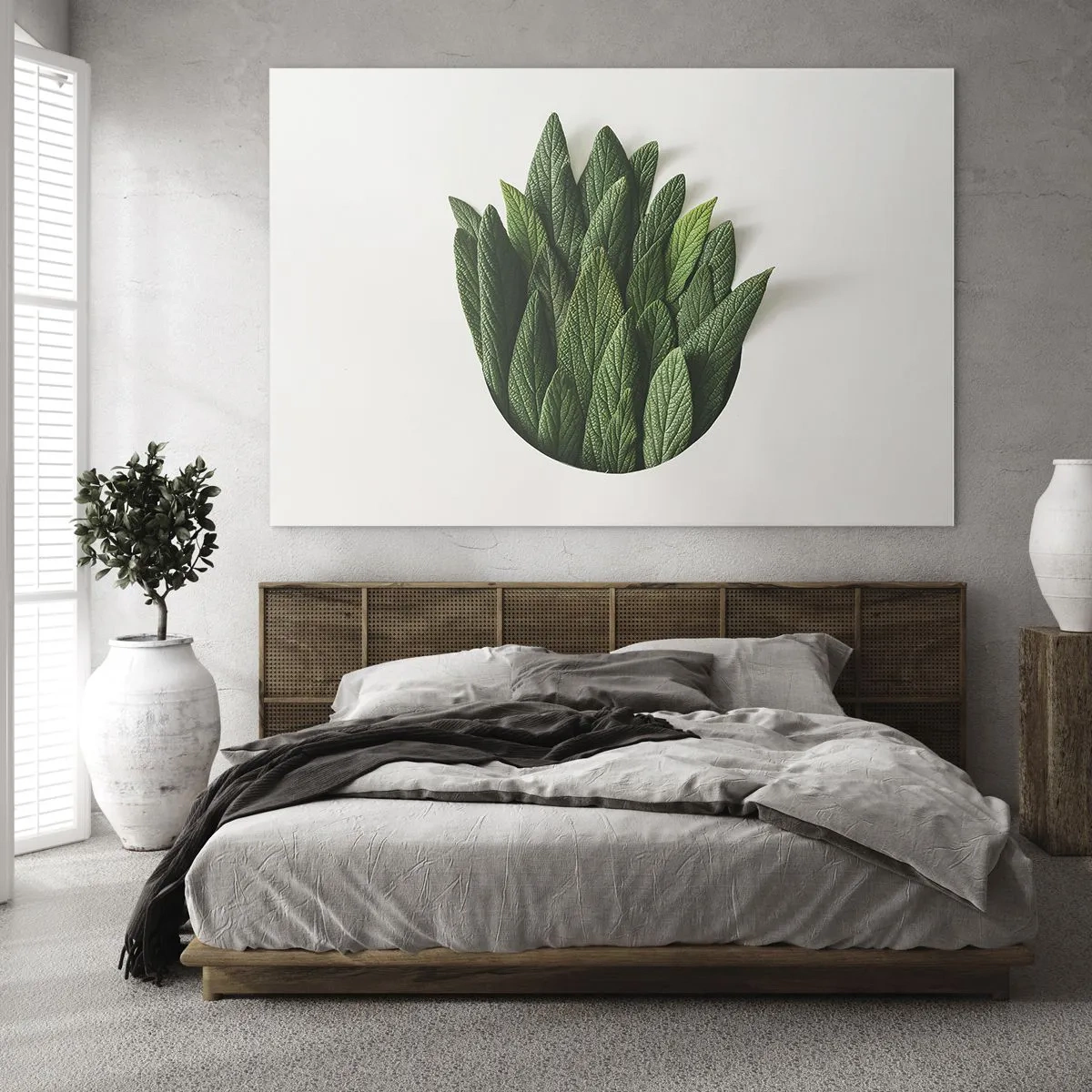 Quadro su vetro - Foglie verdi disposte a forma di vaso su sfondo bianco - 70x50cm - Curiosità irrefrenabile - Decorazione murale moderna per soggiorno e camera da letto ARTTOR