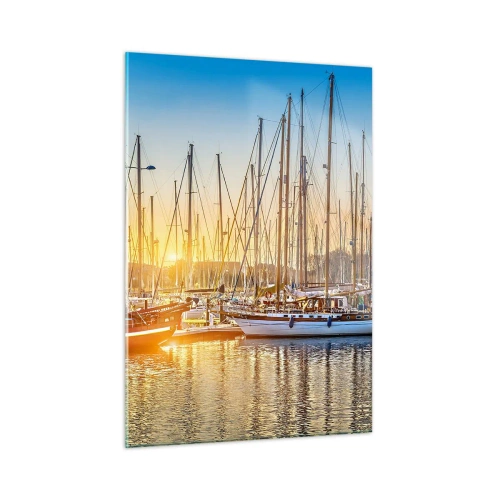 Quadro su vetro - Un porto turistico pieno di barche a vela alla luce del sole al tramonto - 50x70cm - Anche il vento va a dormire - Decorazione murale moderna per soggiorno e camera da letto ARTTOR