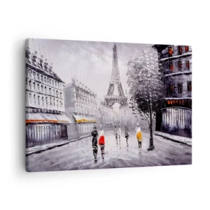 Quadro su tela - Stampe su Tela - Una vista della Torre Eiffel in un ambiente monocromatico con accenti di colore - 70x50cm - Passeggiata a Parigi - Decorazione murale moderna per soggiorno e camera da letto ARTTOR