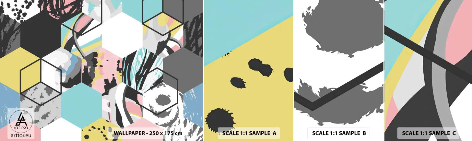 Campione di Fotomurale Adesivo Deluxe Sticker - Esagoni e cubi in sei tonalità - Astrazione, Pezzo, Modello moderno - 100x30 cm